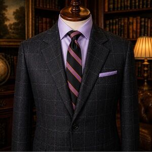 Alfred Dunhill Charcoal Windowpane Suit with included Silk Stripe Tie